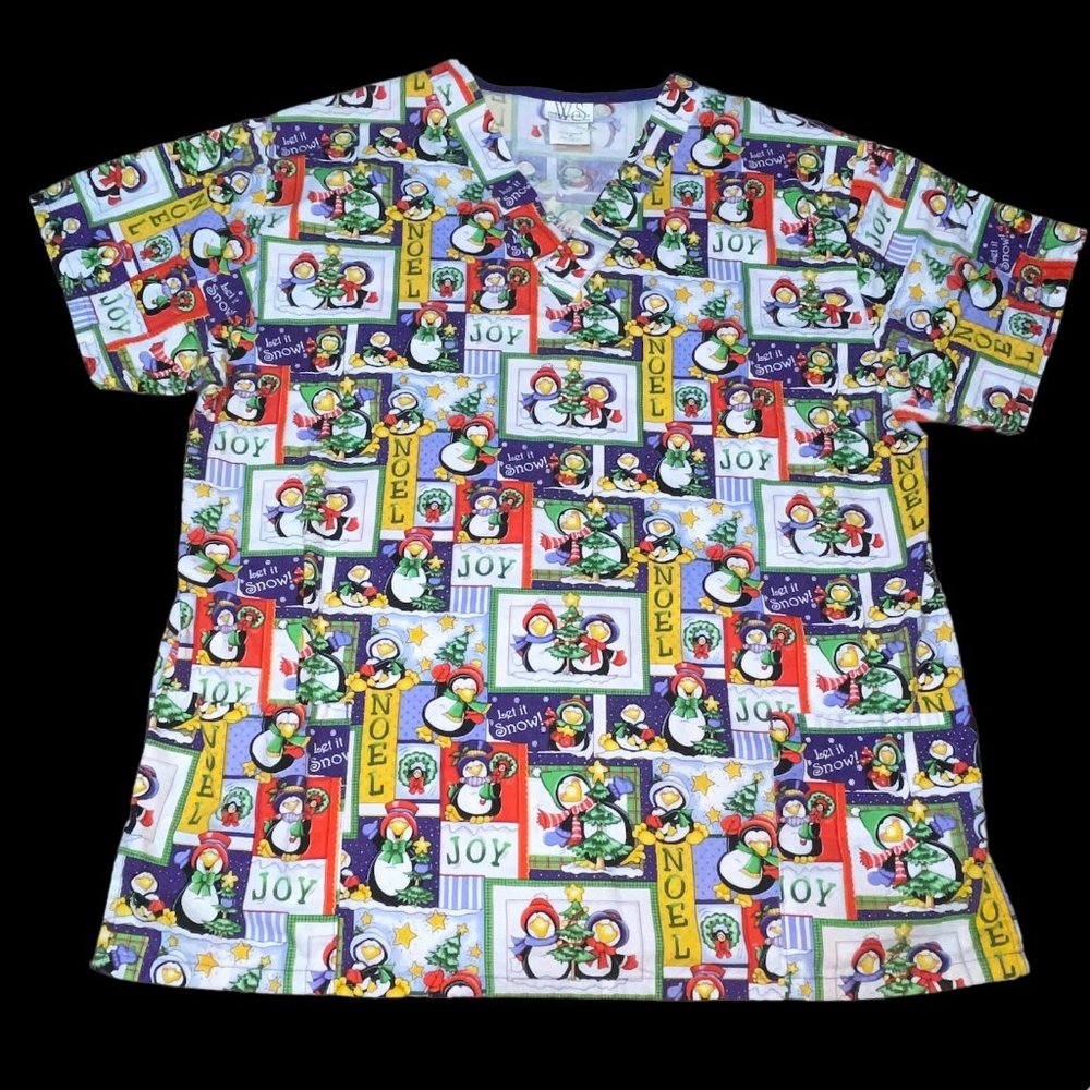 White Swan Penguin Noel Joy Snow Winter Holiday Christmas Scrub Shirt Sz Medium
